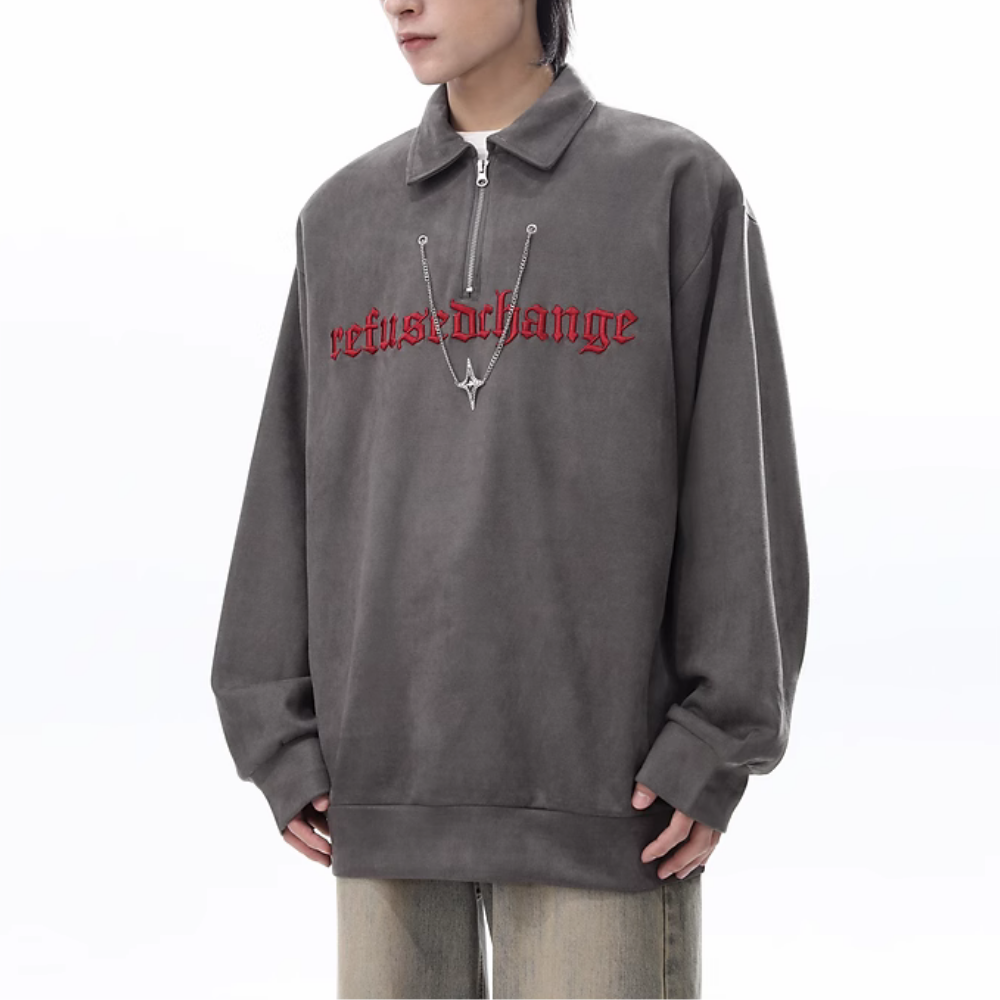 Letter Embroidered Suede Sweatshirt