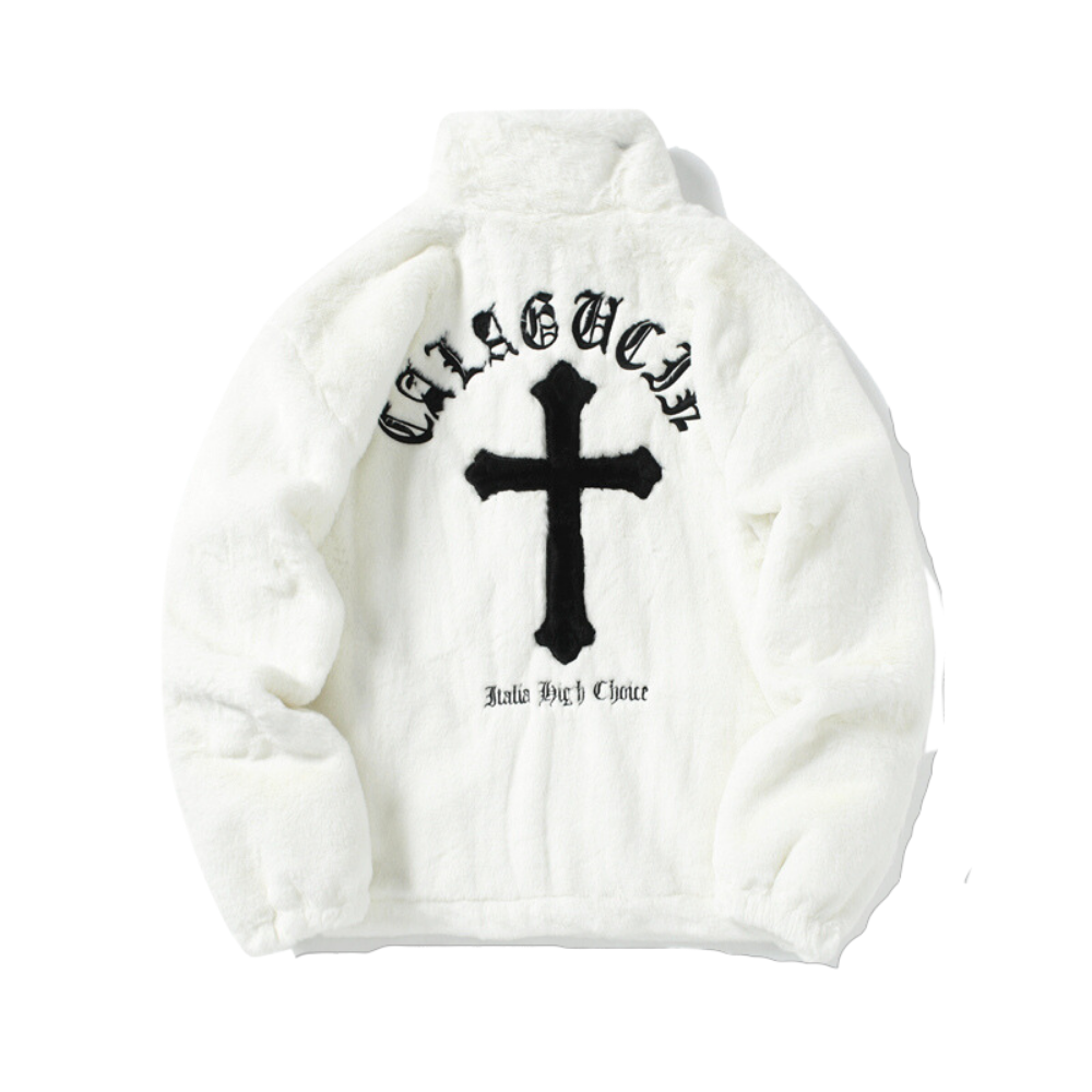 Hip Hop Cross Embroidery Fleece Coat