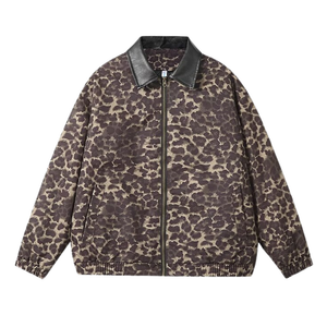 Stylish Leopard Print Leather Lapel Jacket