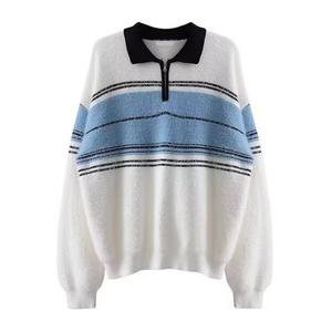 Retro Striped Colorblock Polo Sweater