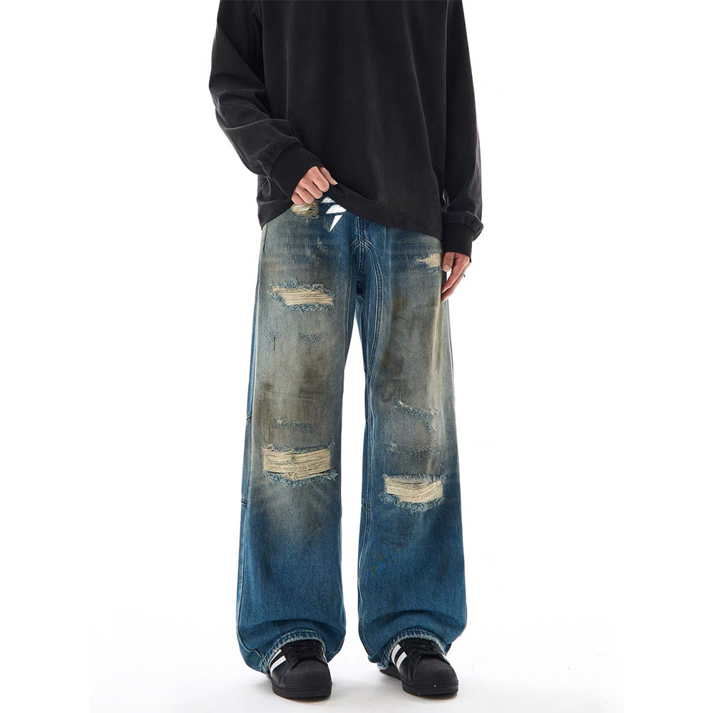 DF Street Retro Blue Distressed Holes Jeans