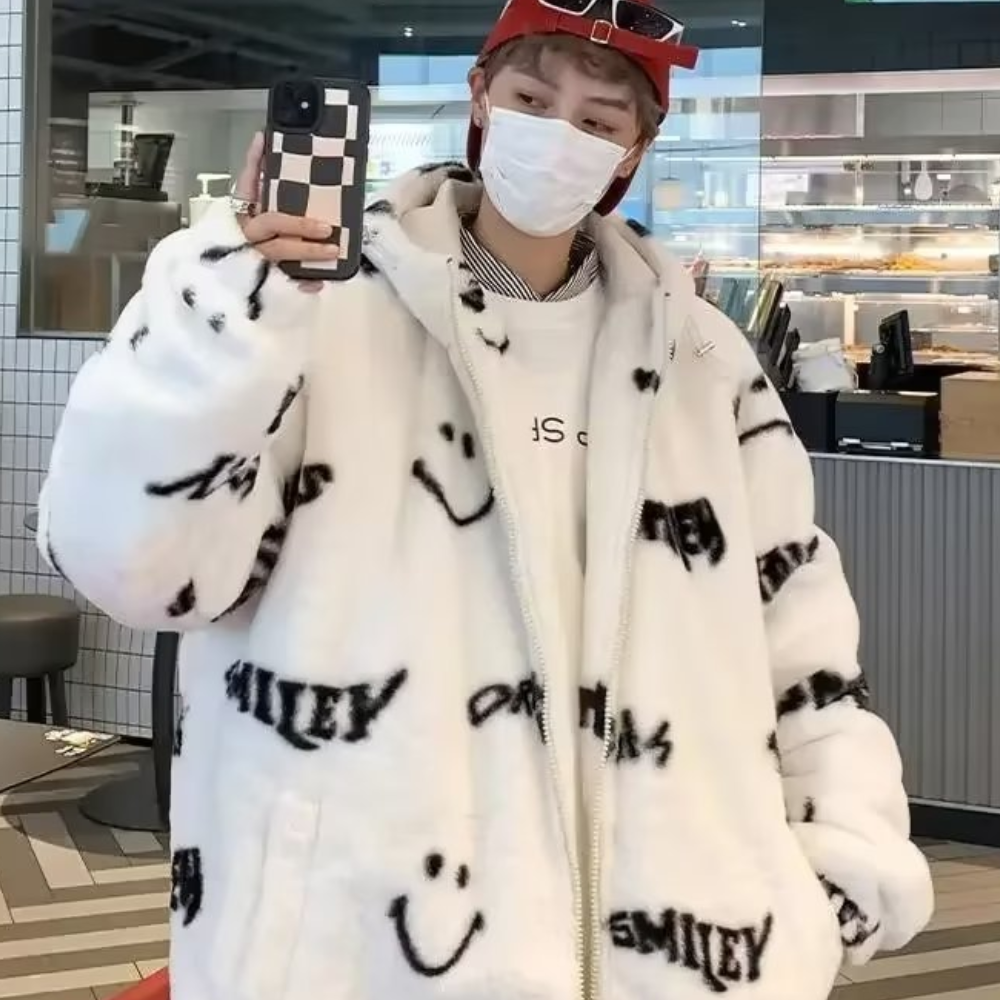 OOC' Smiley Face Lettering Sherpa Hooded Coat