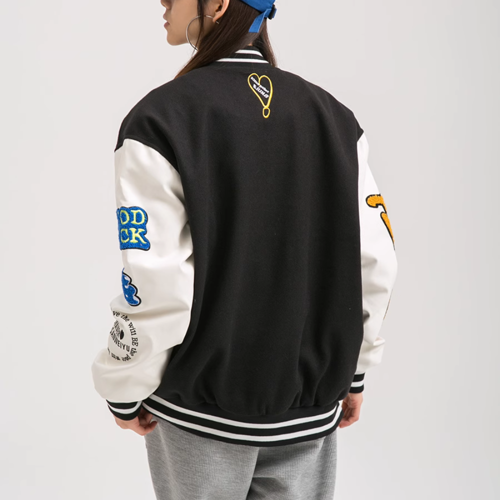 Cartoon Bear Jacquard Flocked Varsity Jacket