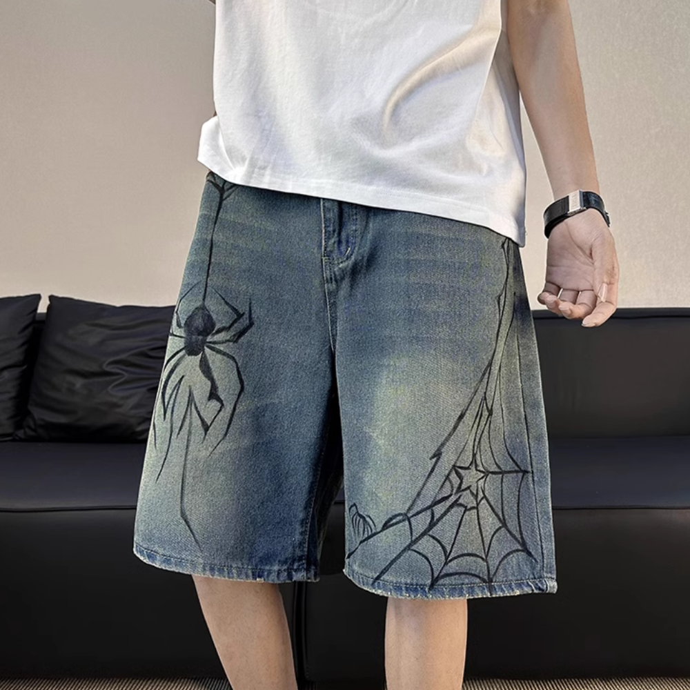 American Spider Print Denim Shorts