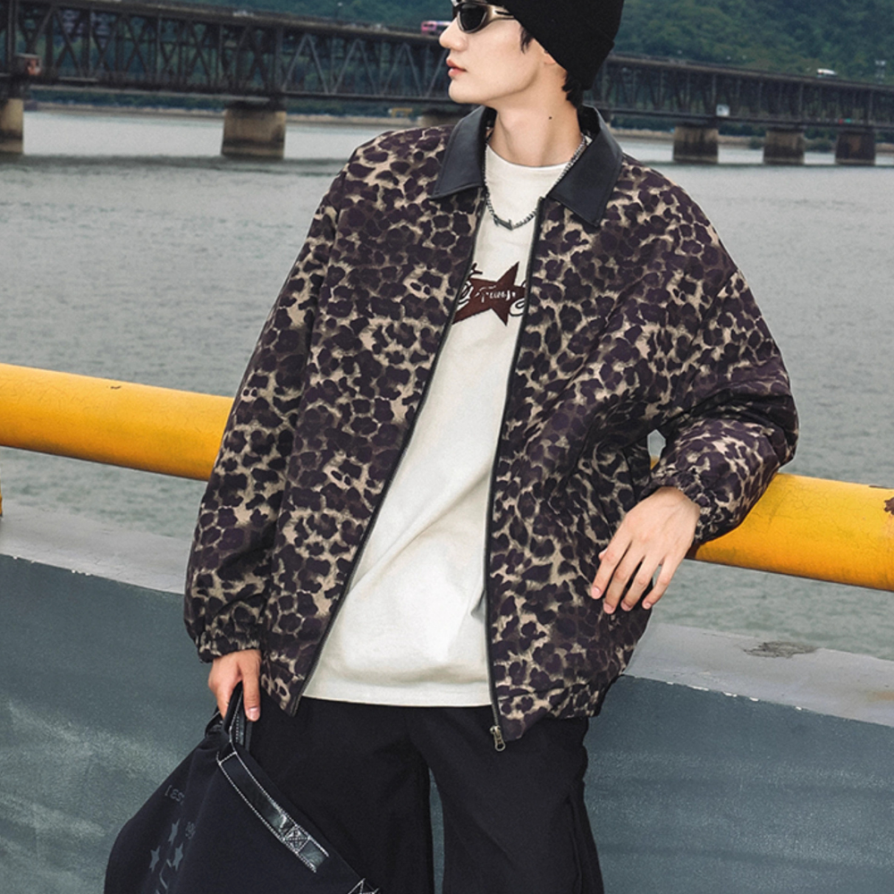 Stylish Leopard Print Leather Lapel Jacket