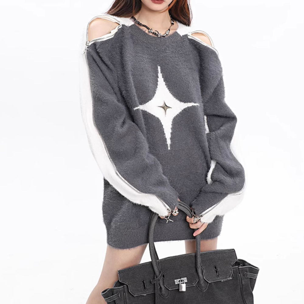 Women's Sexy One Shoulder Contrast Sweater