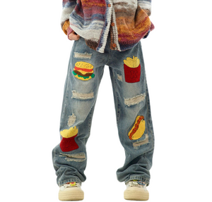 American Hamburger Fries Embroidered Jeans