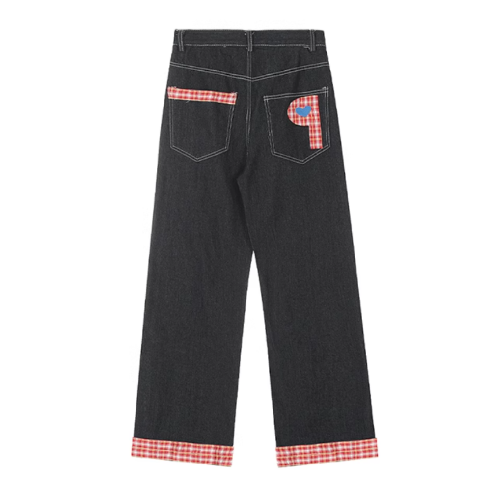 DF| Plaid Embroidered Patch Jeans