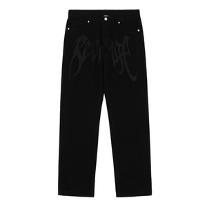 Black Plain Letter Embroidery Straight Jeans