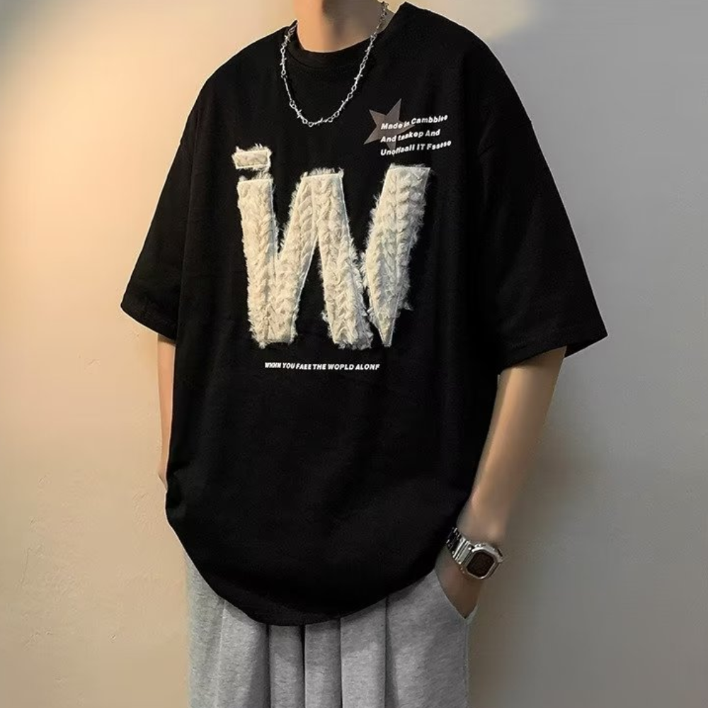 W Plush Embroidered Lettering T-shirt