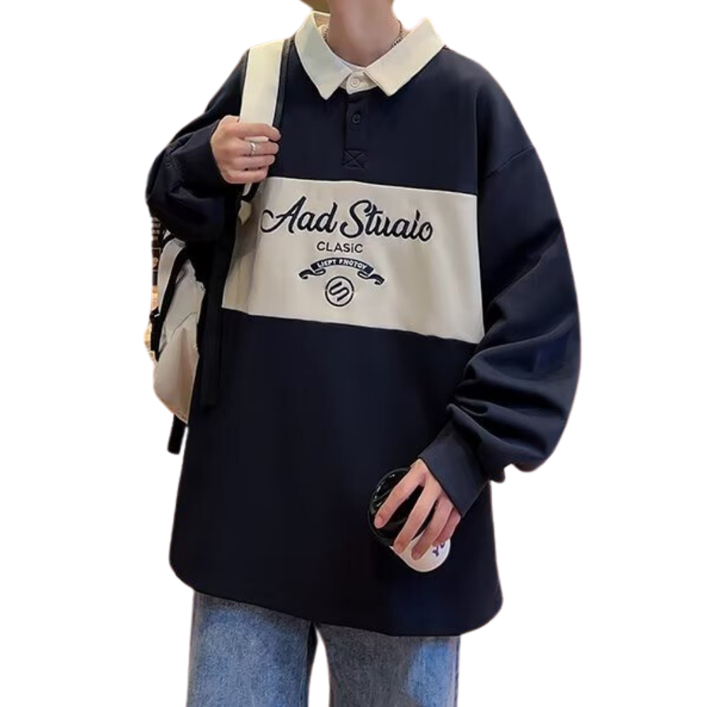 Japanese Retro Contrast Color POLO Sweatshirt