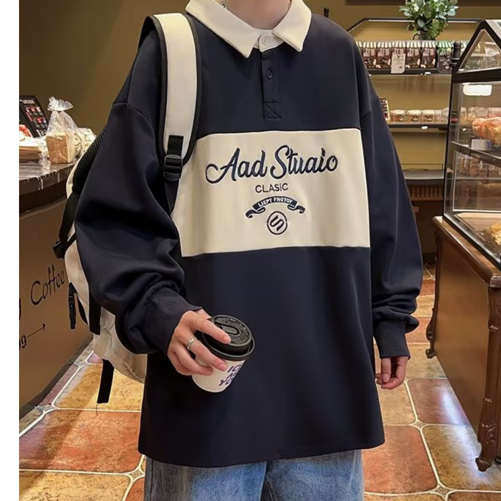 Japanese Retro Contrast Color POLO Sweatshirt