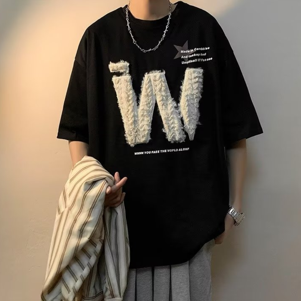 W Plush Embroidered Lettering T-shirt