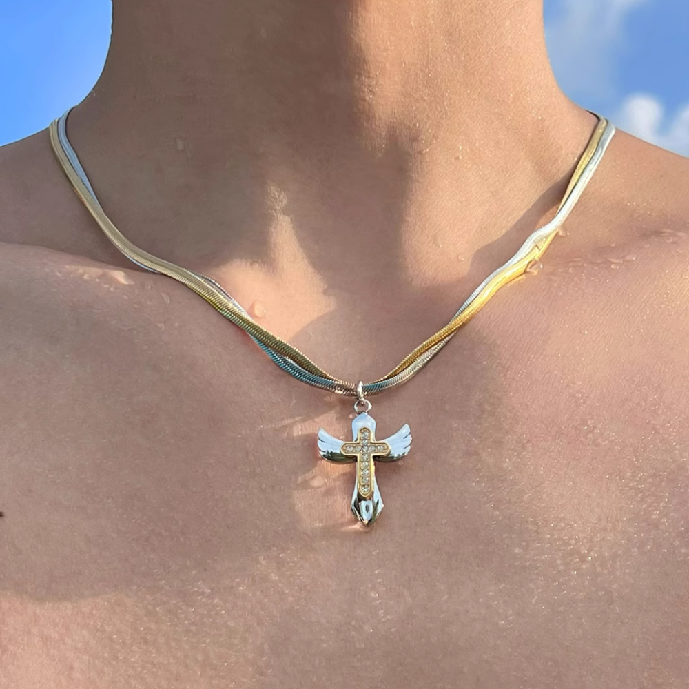 Double Snake Bone Cross Necklace