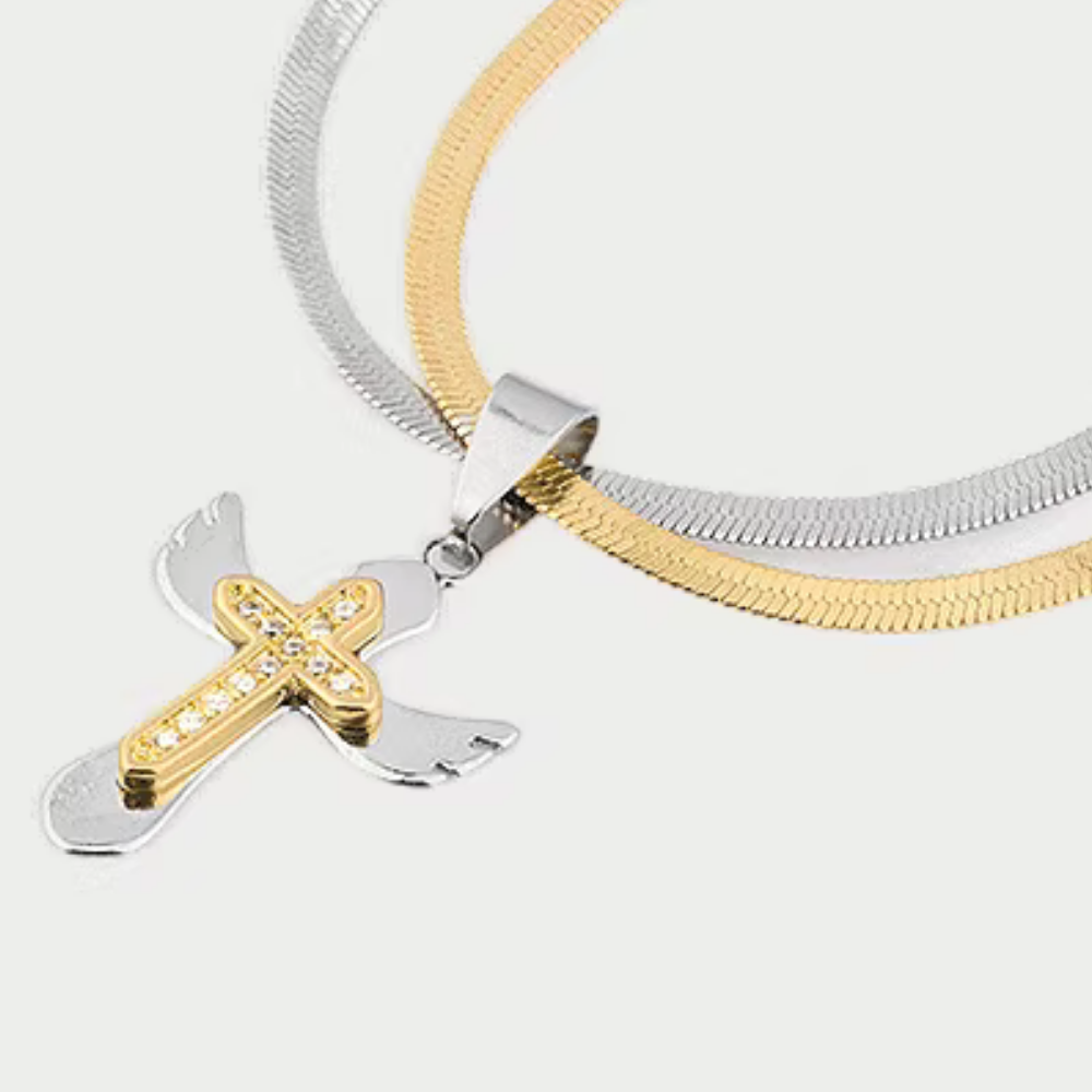 Double Snake Bone Cross Necklace
