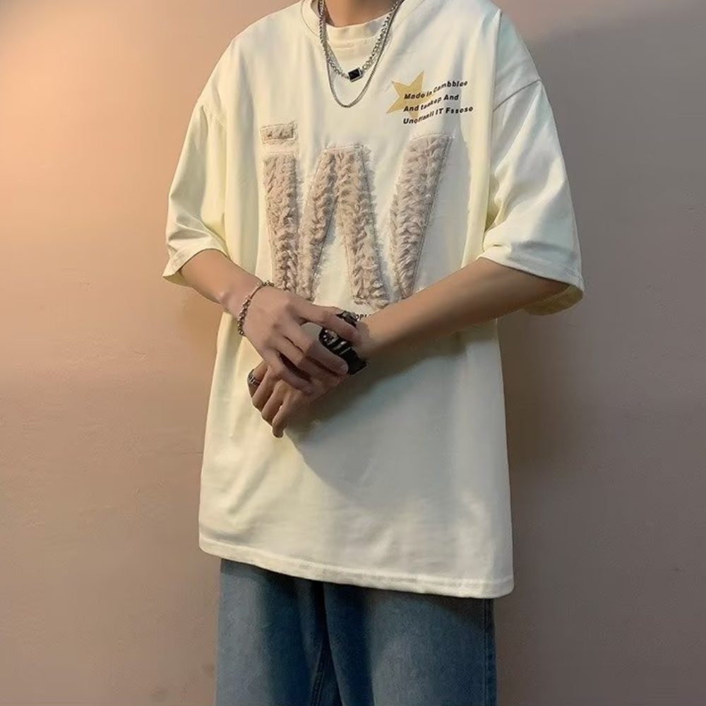 W Plush Embroidered Lettering T-shirt
