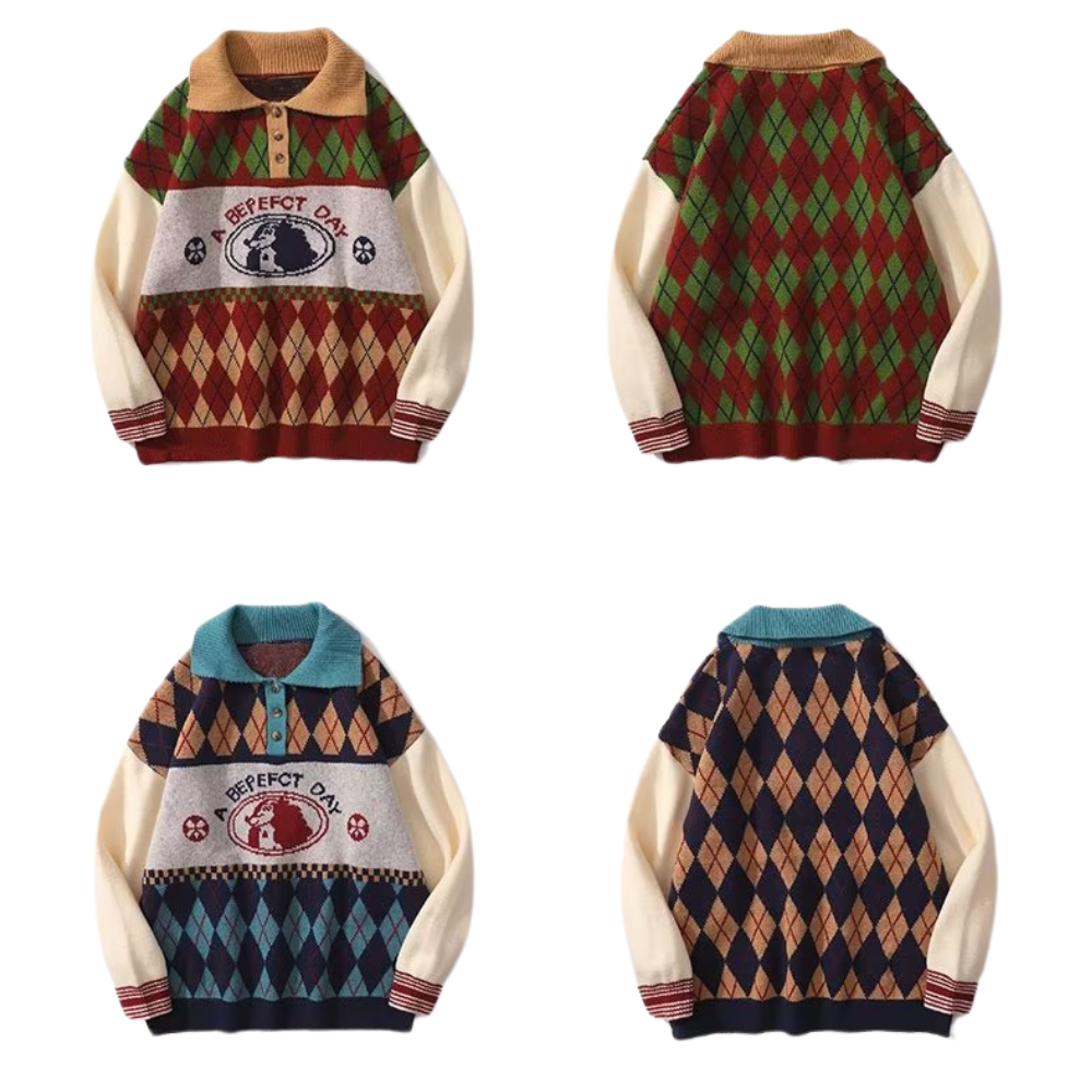 ⚡OOC' Diamond Check Contrast Polo Sweater