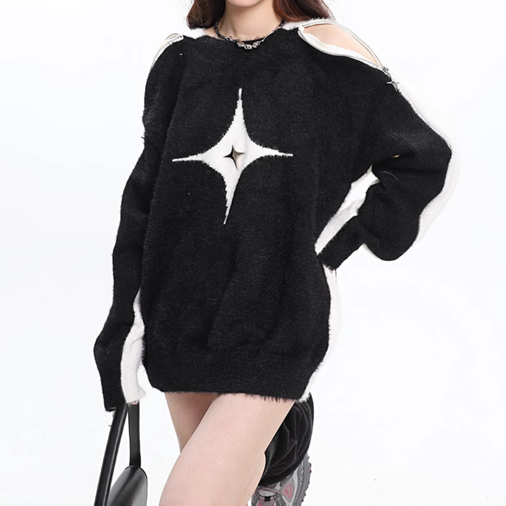 Women's Sexy One Shoulder Contrast Sweater