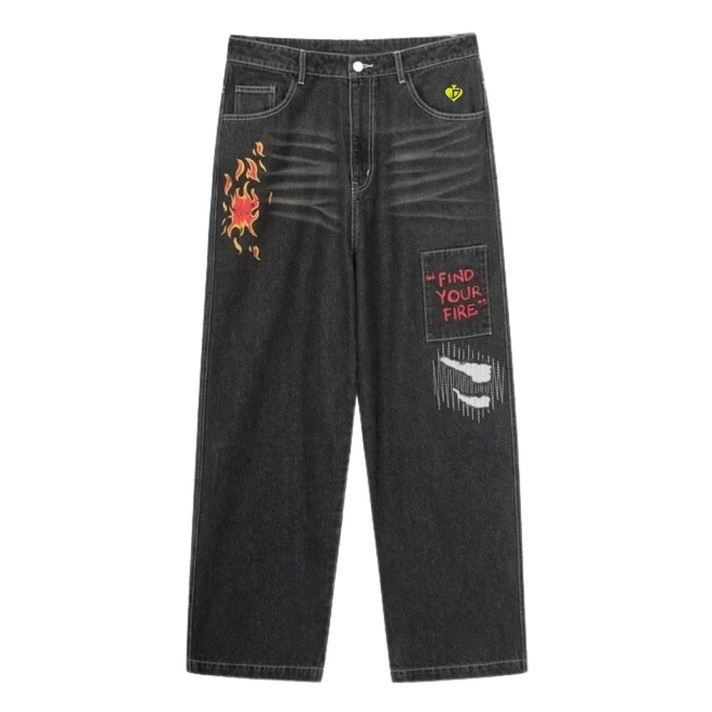 DF |Street Graffiti Patched Flame Jeans