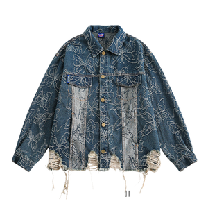 Butterfly Jacquard Ripped Denim Jacket