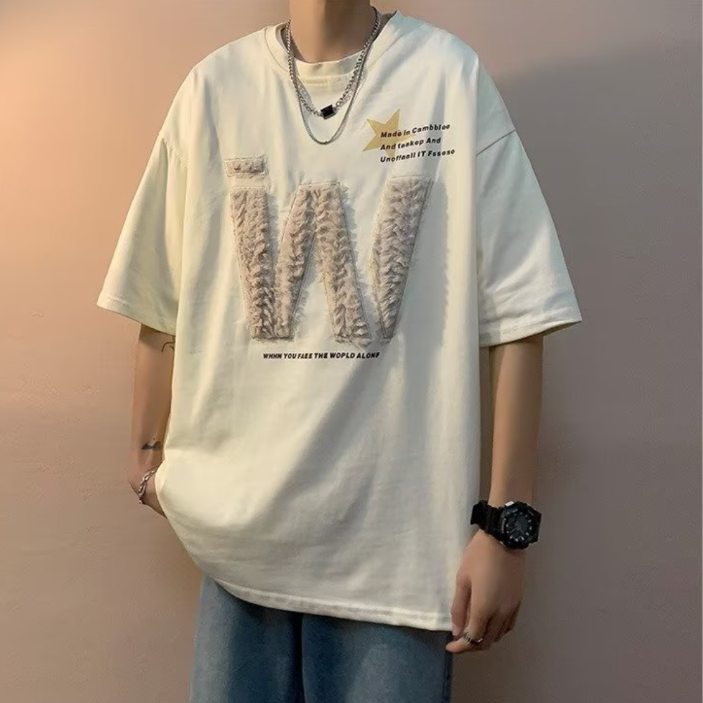 W Plush Embroidered Lettering T-shirt