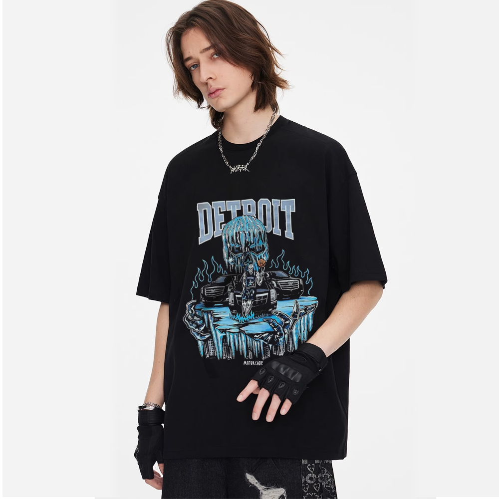 Anime Skull Detroit Print Crew Neck T-shirt