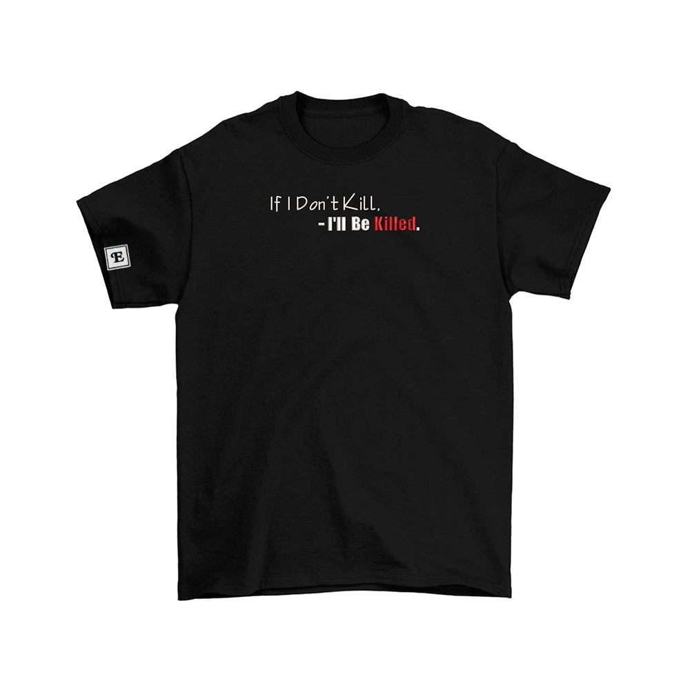 Edgy Embroidered Tee with Evil Samurai Mask and Survival Quote