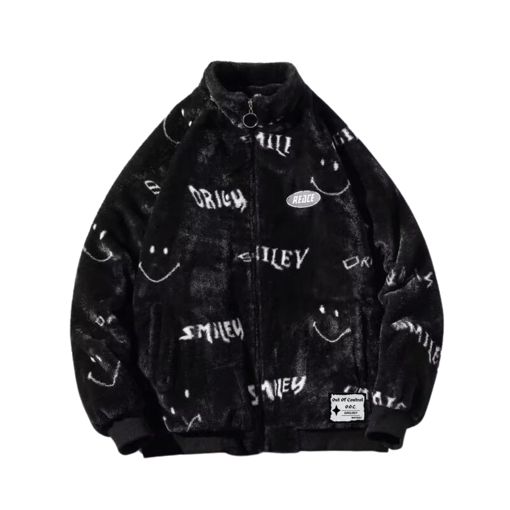 OOC' Smiley Face Lettering Sherpa Coat