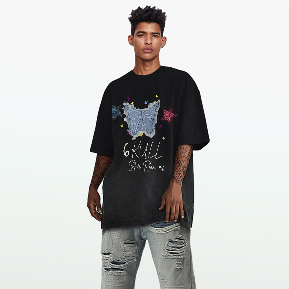 6Kull Star Plan Butterfly Denim Washed T-Shirt