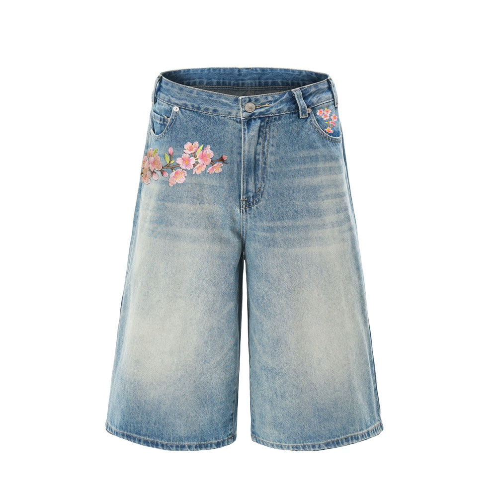 Evokyn Embroidered Pink Sakura Floral Baggy Shorts