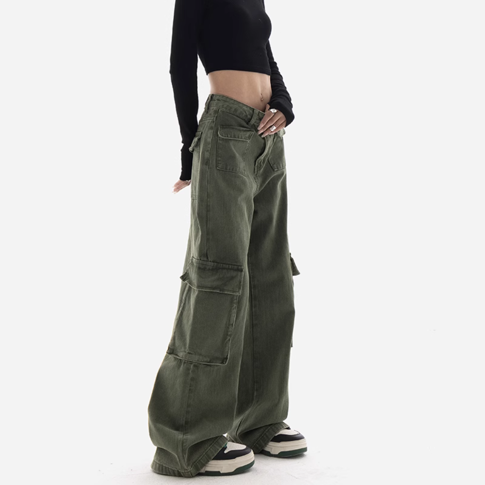 Women's Retro Army Green High Waist Cargo Pants