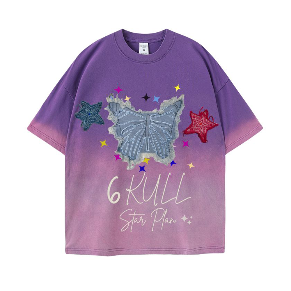 6Kull Star Plan Butterfly Denim Washed T-Shirt