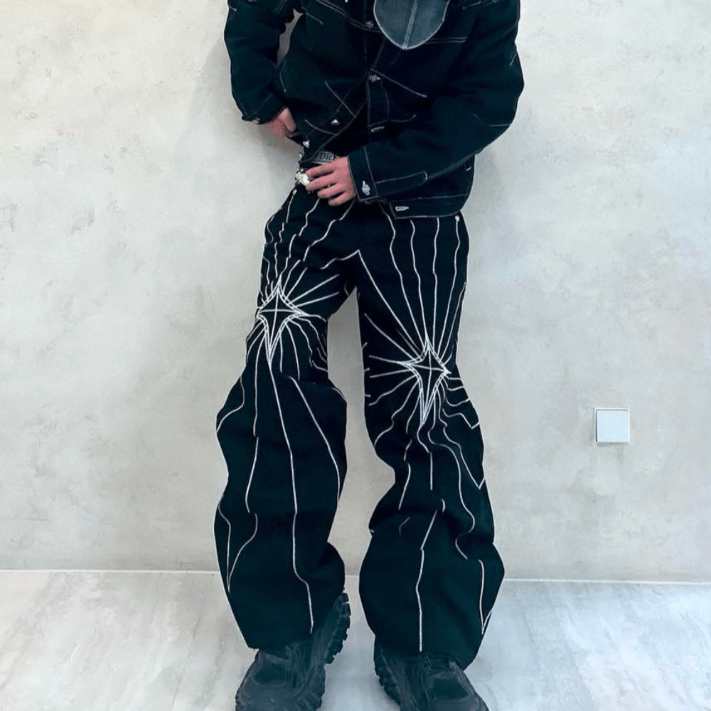 Y2K Embroidered Baggy Jeans with White Starburst Pattern