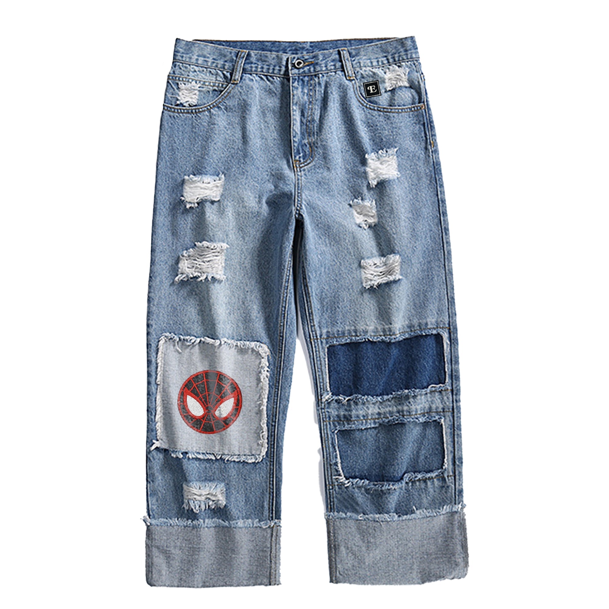 Distressed Embroidered Denim Jeans with Spiderman Patch