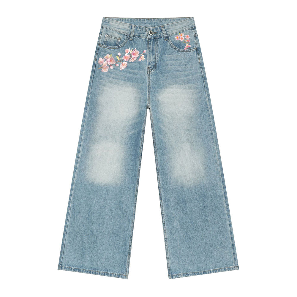 Evokyn Embroidered Pink Sakura Floral Jeans