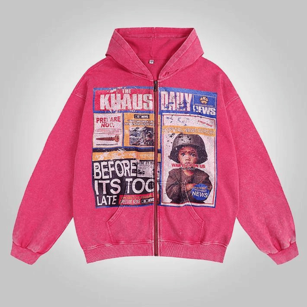 Vintage Washed “Chaos Daily” Newspaper Graphic Zip Hoodie – Aoklok Vintage Washed “Chaos Daily” Newspaper Graphic Zip Hoodie – Aoklok