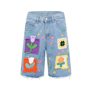 Street Patch Flower Embroidered Shorts