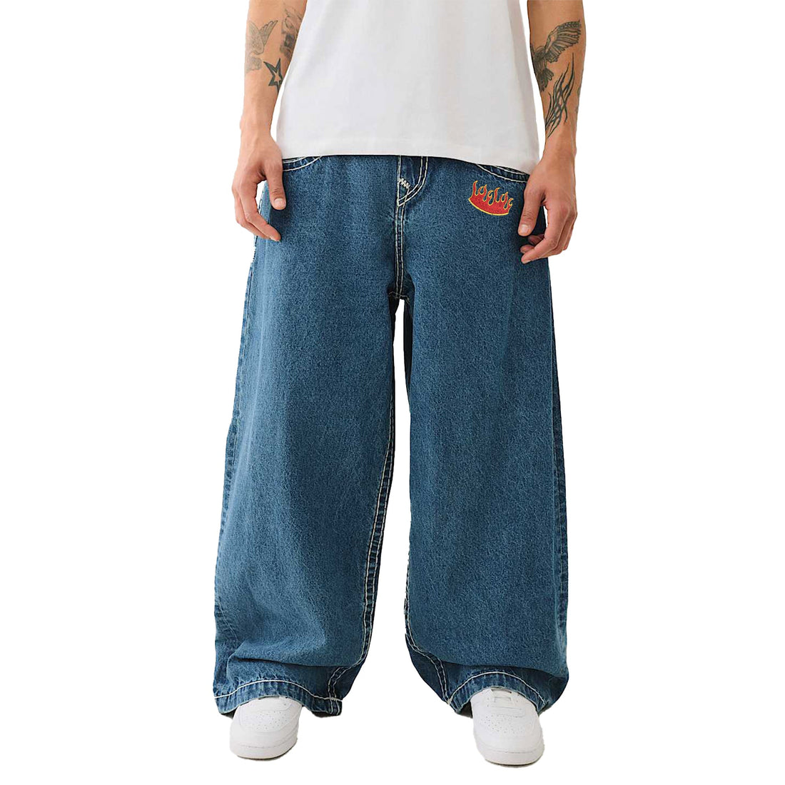 Baggy Embroidered Jeans with Flame Dice & Logo Patch