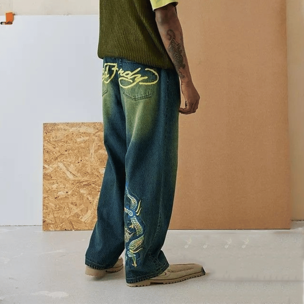 Embroidered Ed Hardy Jeans with Blue Dragon Patch