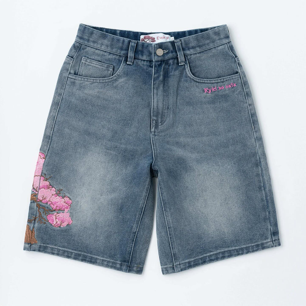 Evokyn Embroidered Denim Shorts with Sakura Blossom Tree