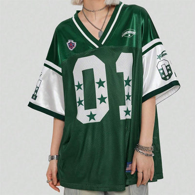 Evokyn Green Star Print V-Neck Mesh Jersey T-Shirt