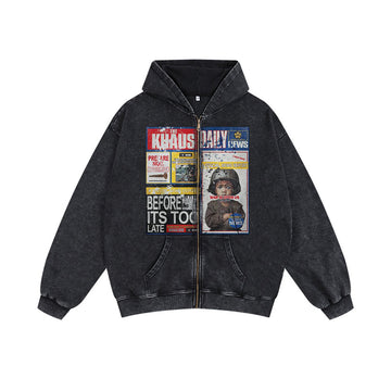 Vintage Washed “Chaos Daily” Newspaper Graphic Zip Hoodie
