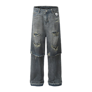 DF Vintage Washed Patch Double Layer Ripped Jeans