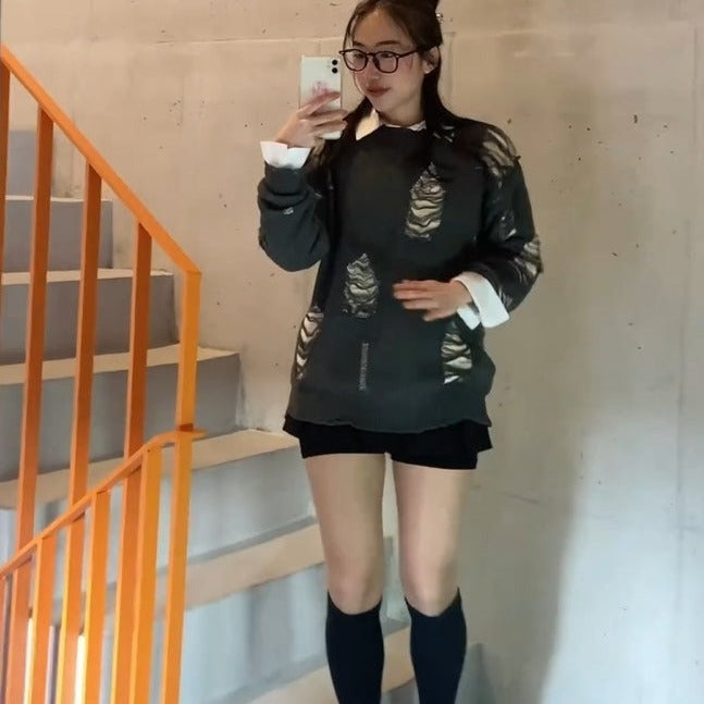 CE | Street Solid Color Ripped Sweater
