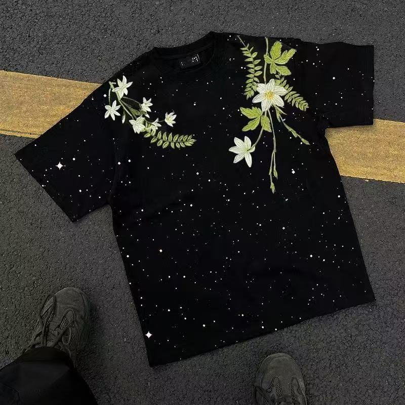 LoopStone Starry Flower Rhinestone Embroidery T-shirt