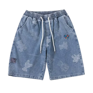 Washed Cartoon Print Denim Shorts