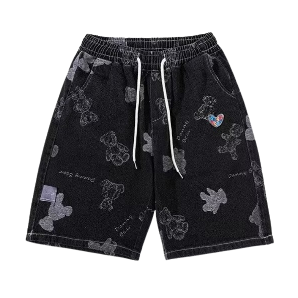 Washed Cartoon Print Denim Shorts