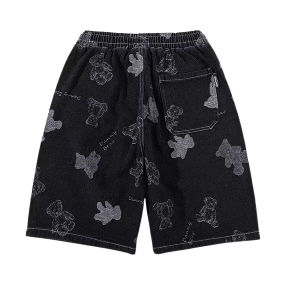 Washed Cartoon Print Denim Shorts