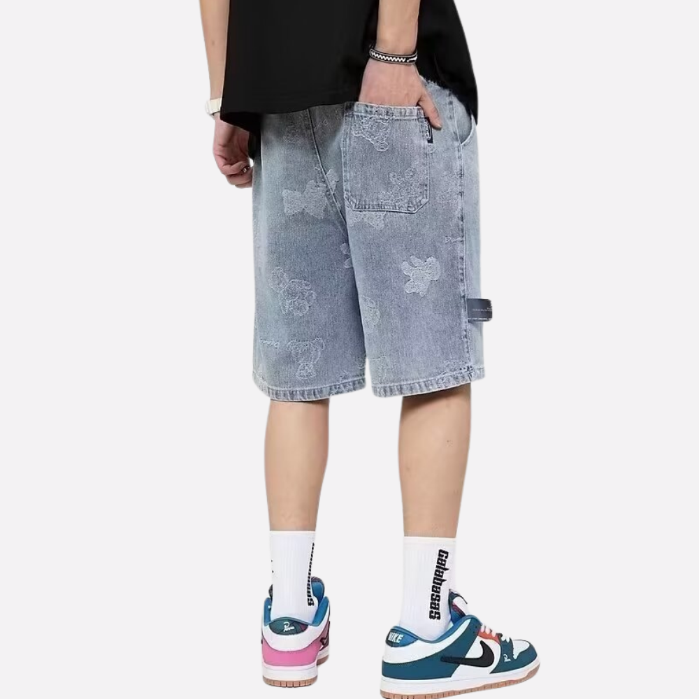 Washed Cartoon Print Denim Shorts