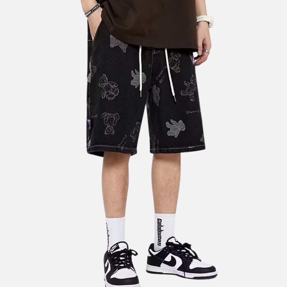 Washed Cartoon Print Denim Shorts